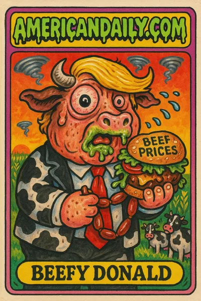 A satirical trading card showing Trump with a cow head and exploding burger, representing backlash over beef prices.