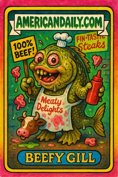A grotesque fish character in a meat market, holding a '100% Beef!' sign, attempting to disguise itself as meat.