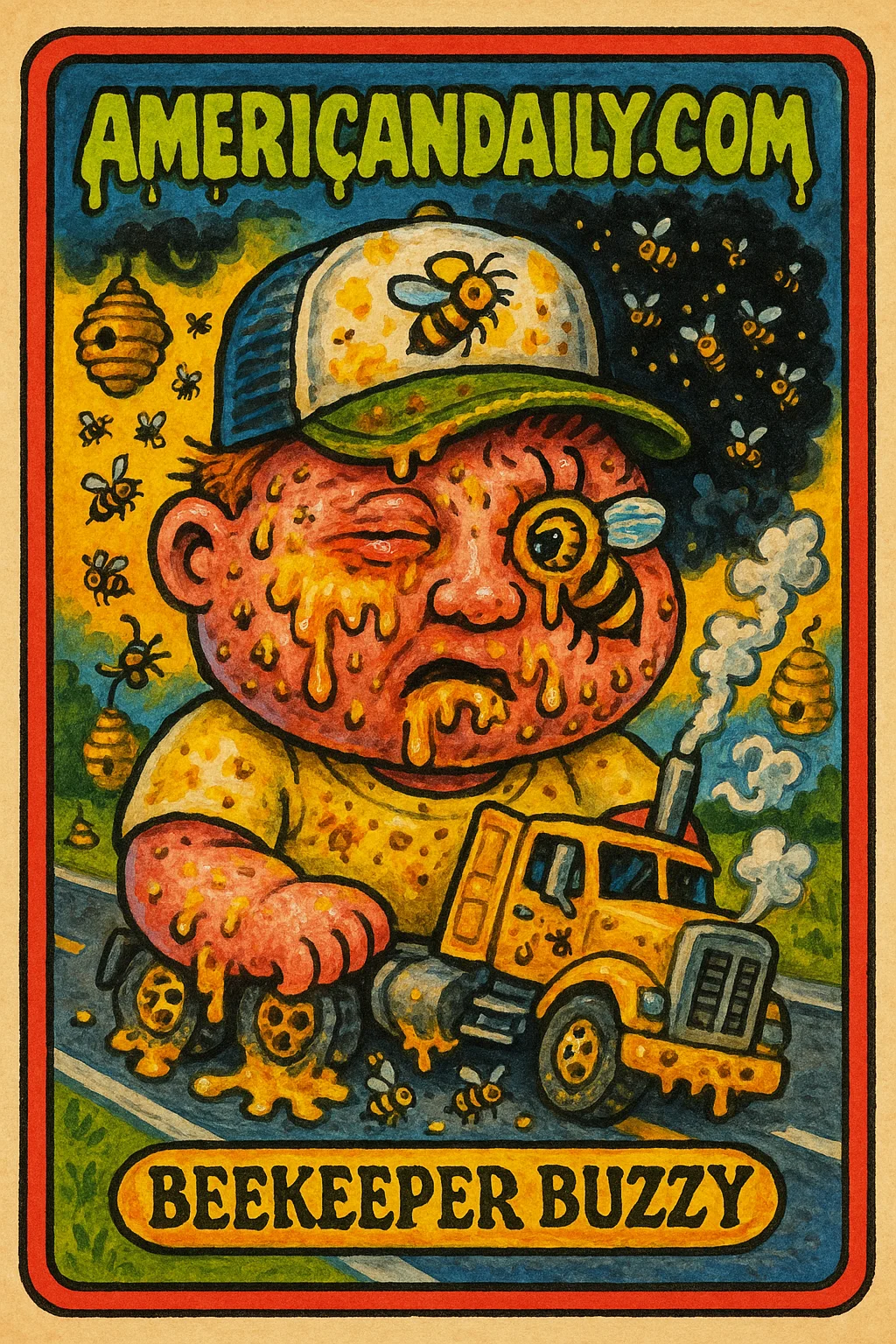 A grotesque character with bees swarming around, sitting on an overturned truck with bee-related features, in a cartoonish, exaggerated style.