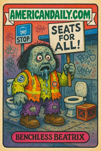 A grotesque character 'Benchless Beatrix' with bus seat-like skin textures, holding a 'SEATS FOR ALL!' sign, standing beside bizarre makeshift benches at a rundown bus stop.