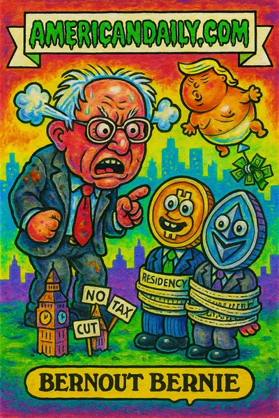 A satirical trading card of Bernie Sanders angrily confronting crypto billionaires with coin heads; featuring a deflated Trump balloon.
