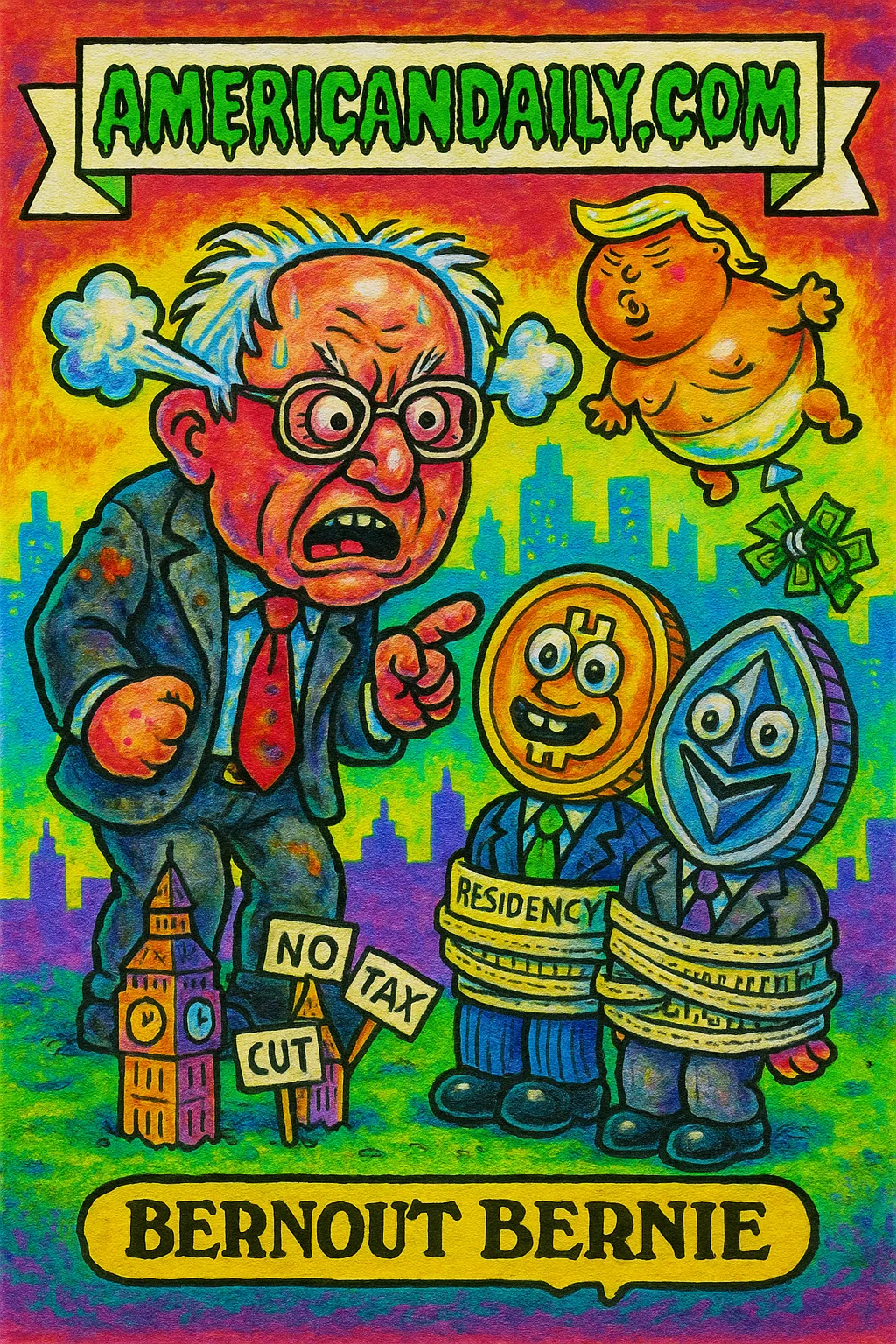 A satirical trading card of Bernie Sanders angrily confronting crypto billionaires with coin heads; featuring a deflated Trump balloon.
