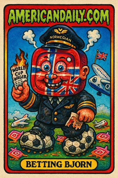 A grotesque trading card caricature featuring a Norwegian Air pilot with an Instagram-shaped head, torn flag face, and comically exaggerated features.