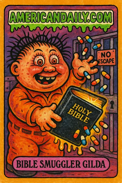 Cartoon character 'Bible Smuggler Gilda' with barbed wire hair in a dirty orange jumpsuit holding a drug-laden dripping Bible in front of a comic prison scene.