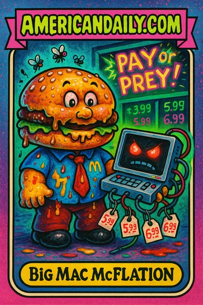 A trading card featuring Big Mac McFlation, a grotesque clown-like figure with a hamburger head, distorted AI machine, grimy restaurant backdrop, and fluctuating prices.