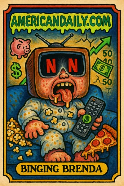 A grotesque character 'Binging Brenda' with a TV-shaped head crying over dollar signs due to Netflix price hikes, surrounded by streaming chaos.