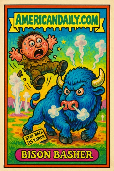 A grotesque, cartoonish depiction of a man named 'Bison Basher' being flung into the air by an angry bison at Yellowstone.