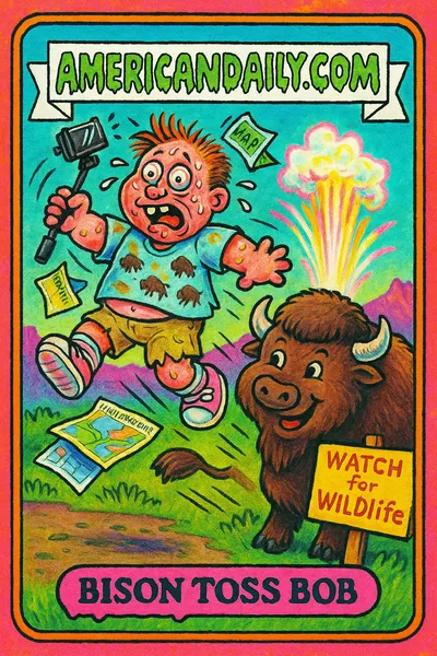 A grotesque tourist named Bison Toss Bob being flung into the air by a mischievous bison. Surreal Yellowstone backdrop with neon geysers.