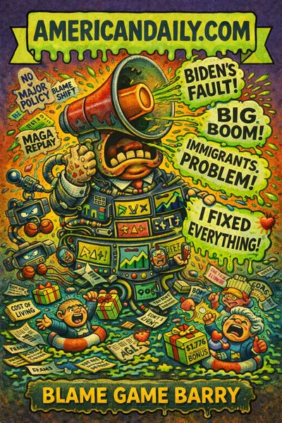 Grotesque cartoon of a towering political megaphone monster spewing headlines like "Biden's Fault!" and "Big Boom!" while tiny confused citizens get buried under a pile of nonsensical slogans, satirizing Trump's national address.