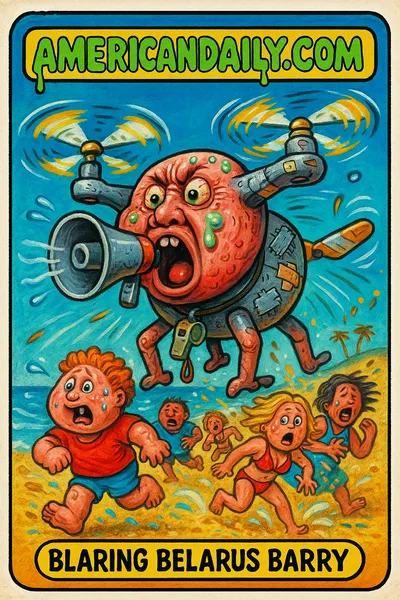 A grotesque drone with a human face blares commands on a beach, chaotic winds swirl as sunbathers flee, 1980s Garbage Pail Kids style.