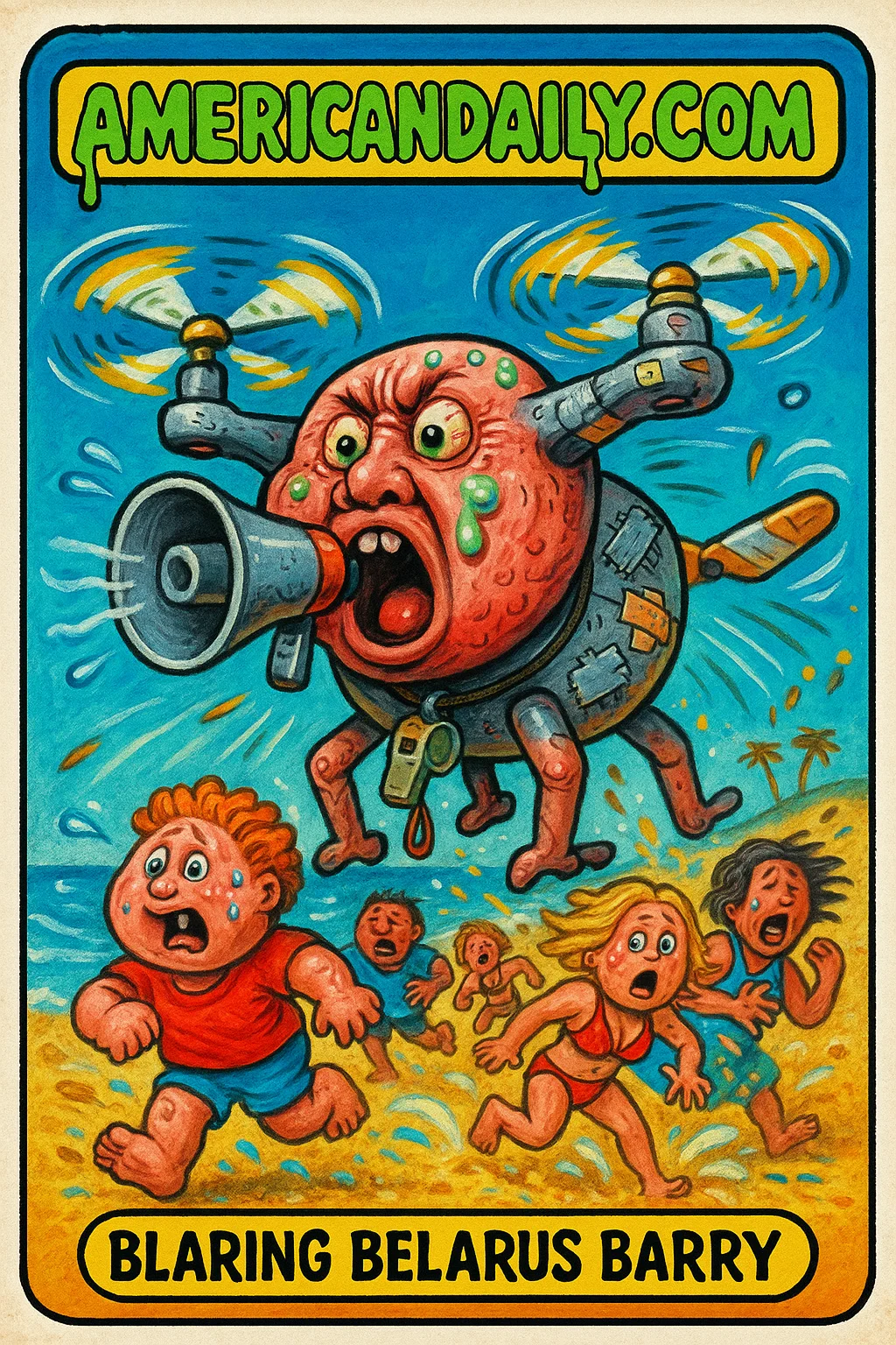 A grotesque drone with a human face blares commands on a beach, chaotic winds swirl as sunbathers flee, 1980s Garbage Pail Kids style.
