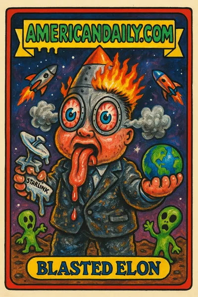 A humorous trading card illustration of 'Blasted Elon', a caricature of Elon Musk with a rocket-shaped head, bulging eyes, and a chaotic space-themed background.