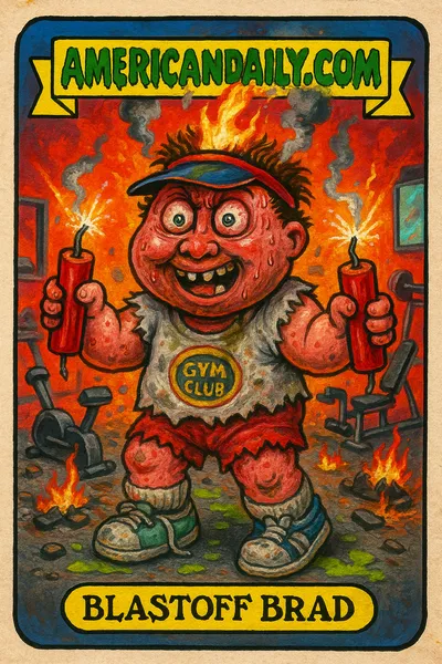 Cartoon of 'Blastoff Brad', a crazed former employee with an explosive expression, holding dynamite sticks, standing in front of a destroyed gym.