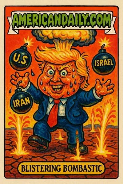 A grotesque caricature of Donald Trump juggling bombs, fiery hair smoking, on an erupting gas field background.