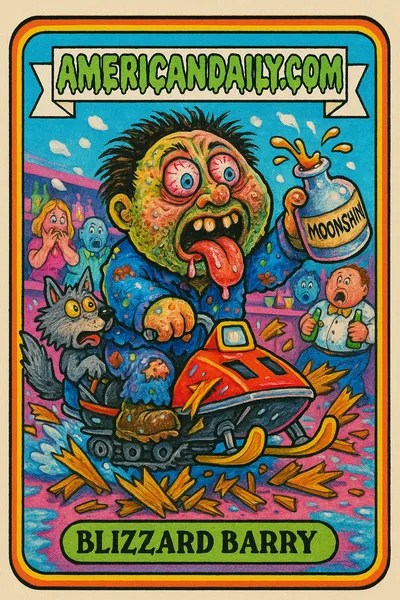 A grotesque cartoon of a man with a huge head riding a small snowmobile in a bar, featuring an exaggerated expression and a strapped, cartoon wolf.