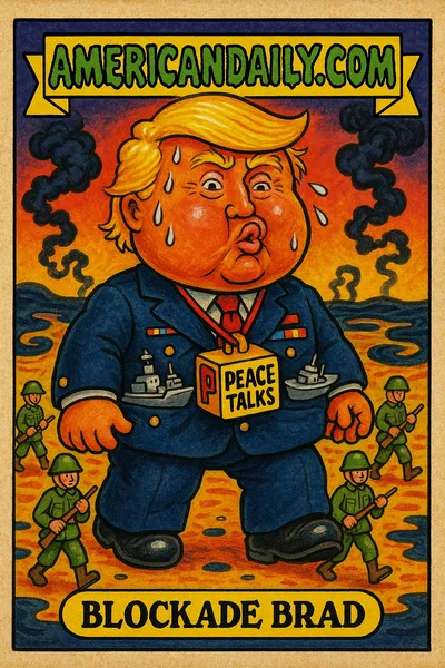 Cartoon of an orange-faced, exaggerated politician in a mock military outfit with oversized toys and fake medals, set against a chaotic sea background.