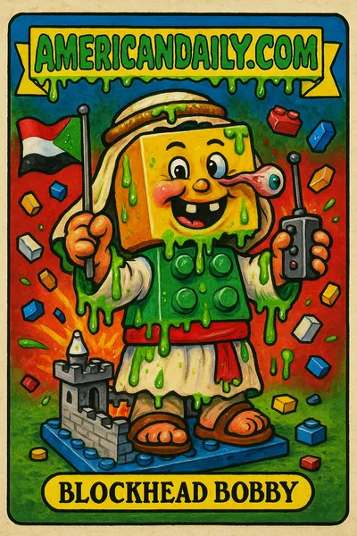 A parody trading card depicting Blockhead Bobby with a Lego head, standing atop a Lego castle amid flying bricks, exuding a goofy grin.