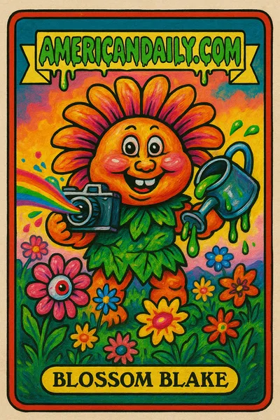 Trading card of Blossom Blake, an oversized wildflower with a flower-like head, camera, and leaking watering can, amid cartoonish blooming Death Valley.