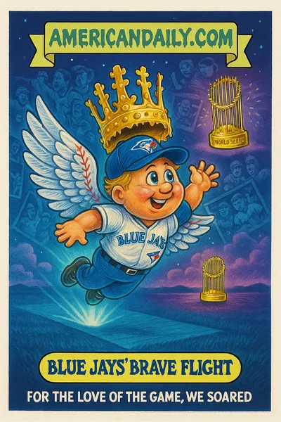 Parody trading card showing a Toronto Blue Jays player with baseball-stitch wings soaring upward above a glowing blue runway. In the background, playoff-highlight panels fade. A golden World Series trophy floats under a dusk-purple sky, slightly out of reach. Top banner: "AMERICANDAILY.COM." Bottom: "FOR THE LOVE OF THE GAME, WE SOARED."