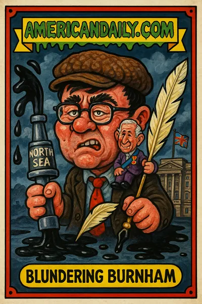 A grotesque cartoon of Andy Burnham with oversized features, a newsboy cap, large oil drill, and mini King Charles perched on his shoulder, against a stormy Buckingham Palace.