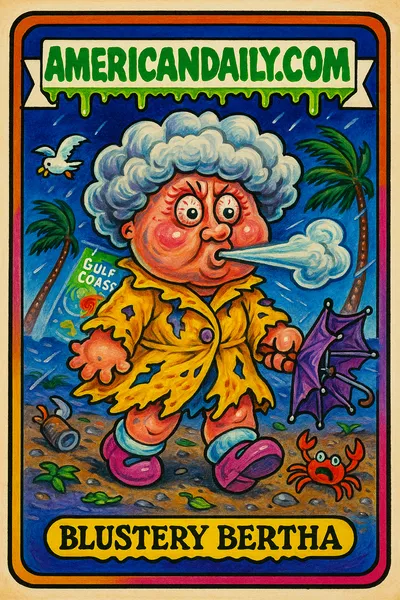 A grotesque satirical trading card depicting 'Blustery Bertha' as a tropical storm with a cloud head, bulging eyes, and chaotic debris.