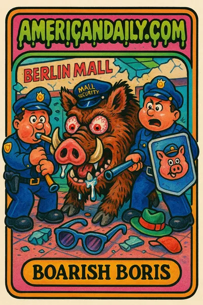 A Garbage Pail Kids-style card depicting a grotesquely exaggerated wild boar named 'Boarish Boris' causing chaos in a Berlin mall, pursued by bumbling police.