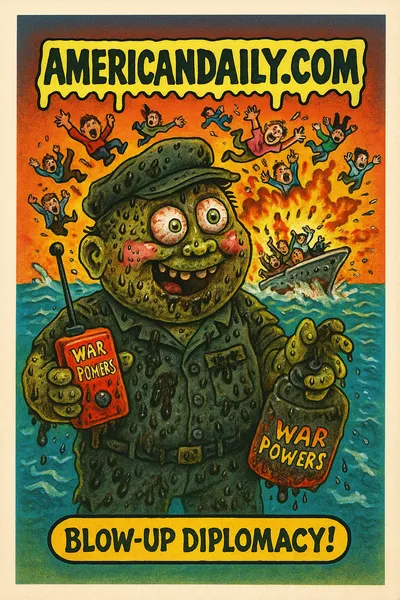 Cartoon meme of Boat-Blaster Barry, a grotesque military figure covered in oil, holding a detonator and bomb labeled 'War Powers.' Behind him, a speedboat explodes with people flying through the air. Banner reads 'AMERICANDAILY.COM' and bottom caption says 'Blow-Up Diplomacy!'