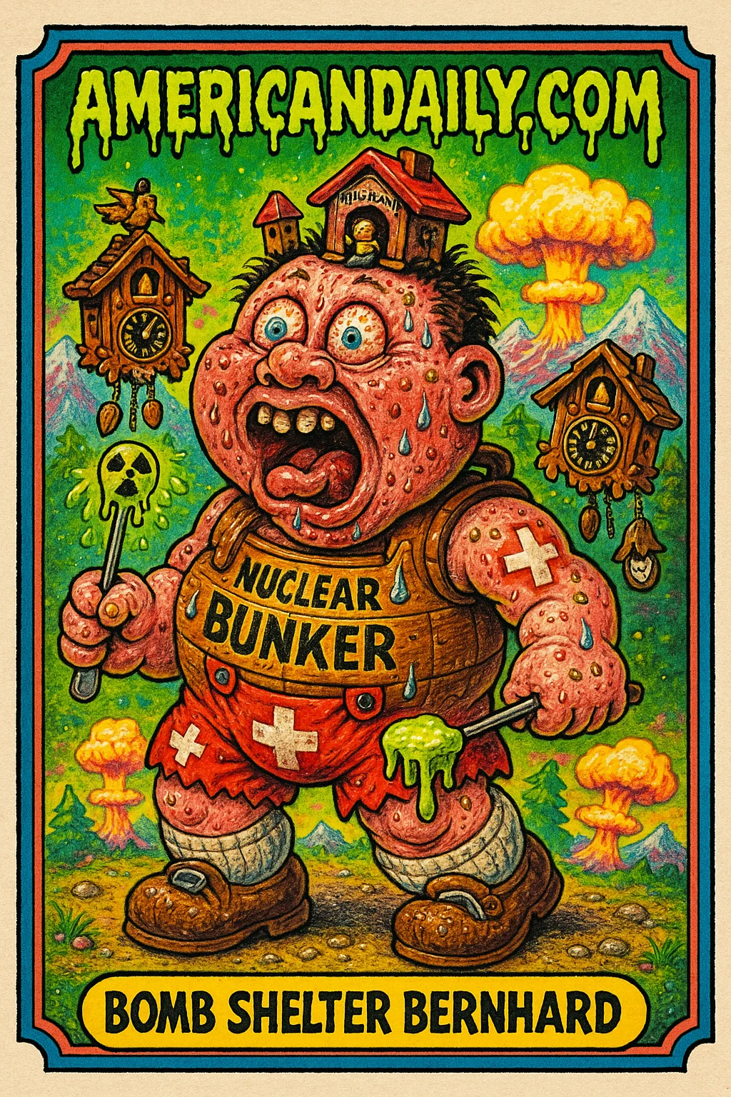 A grotesque Swiss character with a bunker torso and tiny head, clutching radioactive fondue and surrounded by cuckoo clocks in a mushroom cloud-laden Swiss Alps scene.