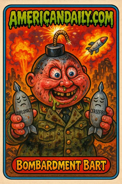 Trading card of Bombardment Bart, a grotesque military general with a bomb for a head and chaotic explosions in the background.