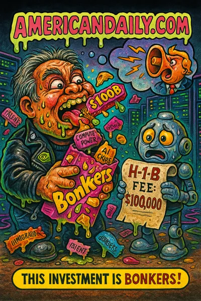 Cartoon-parody of Jensen Huang eating retro Bonkers candy pieces labelled with $100B, AI Compute, Data Centers; Sam Altman holds huge scroll "H-1B Visa Fee: $100,000"; Trump caricature in background with megaphone; candy wrappers flying; top banner "AMERICANDAILY.COM."