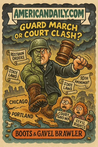 Grotesque parody trading card: a half-judge, half-guard hybrid figure straddles a map of Chicago and Portland, one foot in each city, holding heavy boots and a gavel. His boots crack streets, and floating scrolls read "Restrain Orders," "State Laws," "10th Amendment." Protesters below hold signs: "Local Sovereignty," "Court Says No," "Civil Rights." Top banner says "AMERICANDAILY.COM."