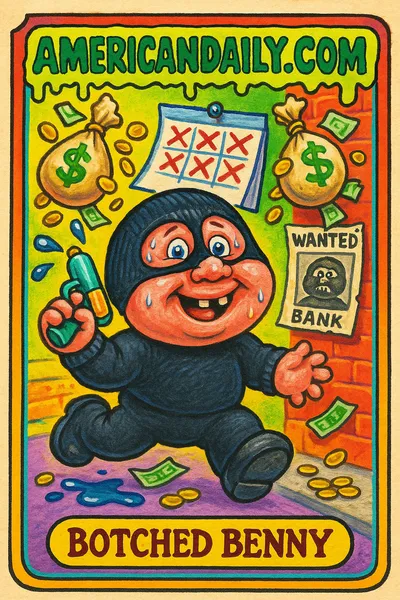 A Garbage Pail Kids-style card featuring Botched Benny, an inept bank robber with exaggerated features, juggling leaking bank bags and a calendar of failures.
