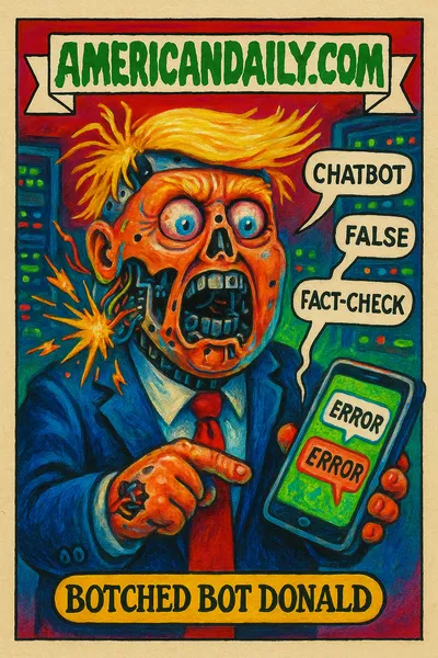 A grotesque animatronic Trump argues with a malfunctioning chatbot amid sparking wires and error messages.