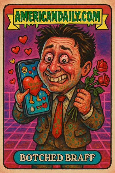 A grotesque caricature of Zach Braff awkwardly handling an oversized smartphone exuding digital affection amidst a backdrop of reality mixed with digital themes.