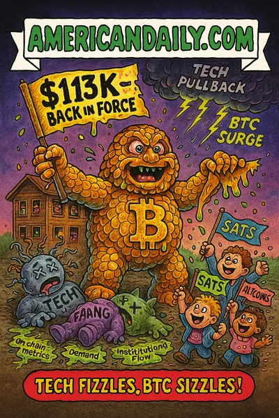 Cartoon parody of a monstrous Bitcoin creature rising from broken tech stock monsters, holding a banner "$113K - BACK IN FORCE," with crypto investors cheering, storm clouds labeled "Tech Pullback," cracked earth with roots "Demand," "Institutional Flow," top banner "AMERICANDAILY.COM."