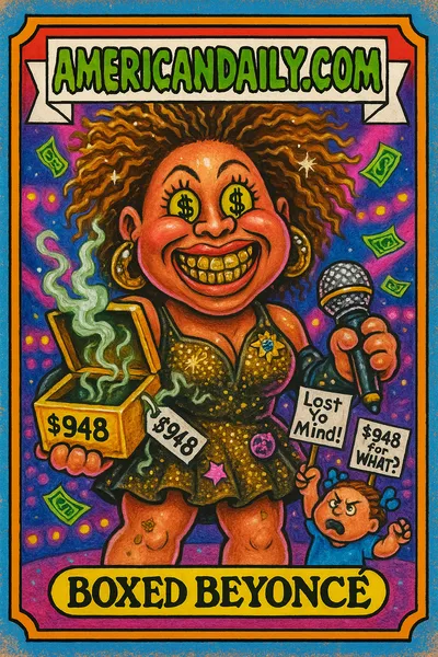 Grotesque caricature of Beyoncé with golden grills, holding a $948 empty jewelry box, surrounded by angry fans and raining dollar bills.