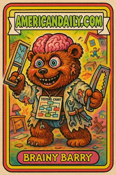 Grotesque bear with massive brain, crazed eyes, in tattered lab coat holding cracked window frame amid chaotic scene.