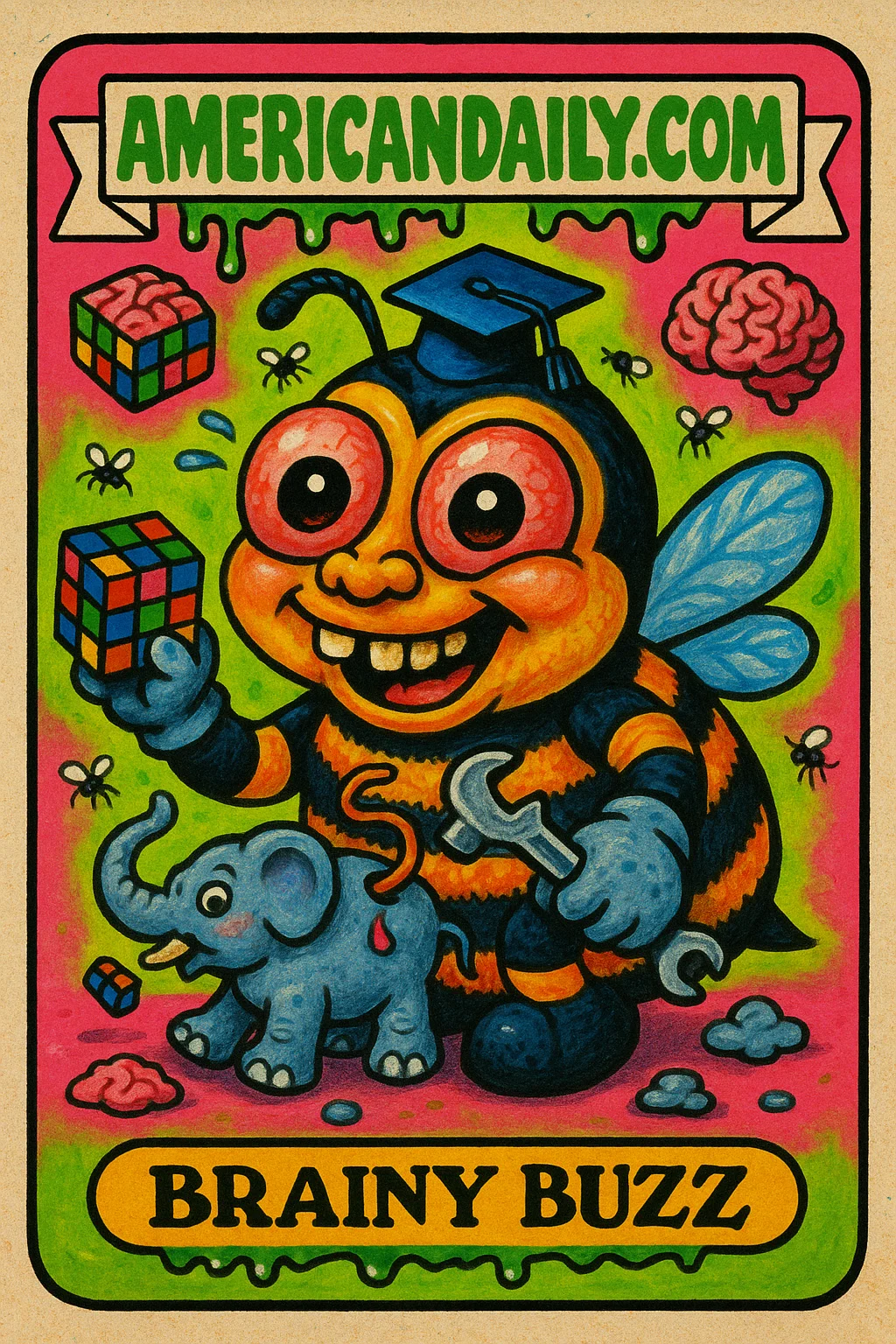 A trading card of a grotesque bee with a graduation cap and Rubik's Cube, symbolizing intelligence in an exaggerated cartoon style.