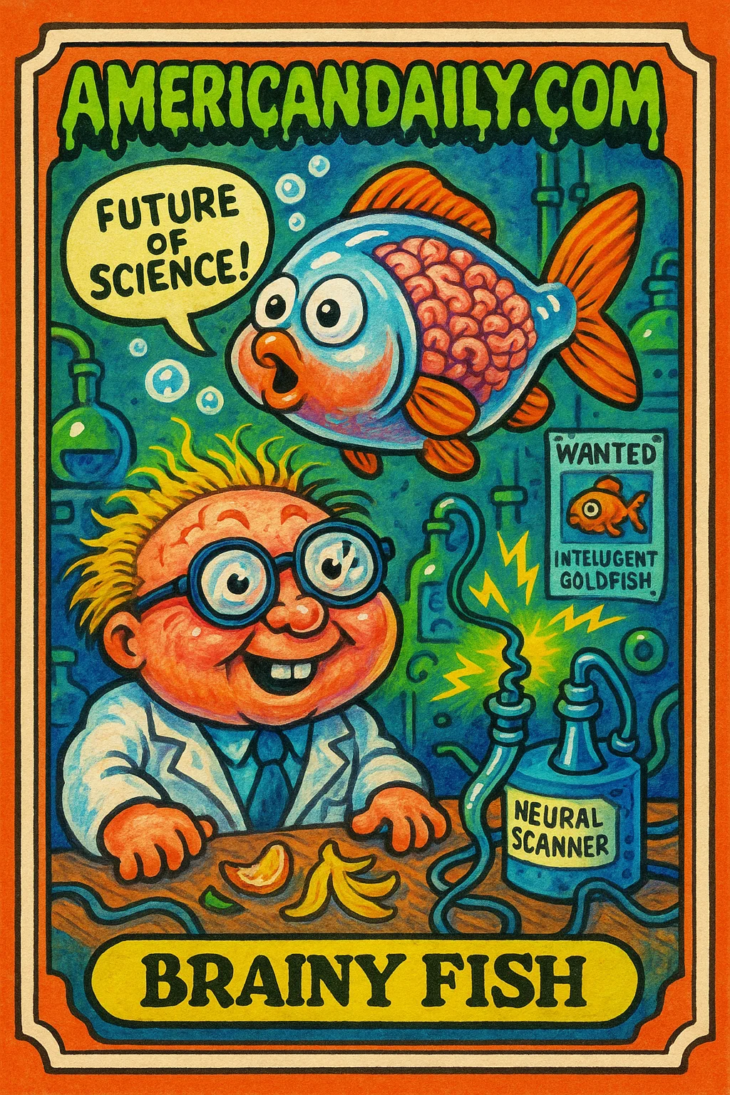 Garbage Pail Kids-style card of 'Brainy Fish', a transparent fish filled with cartoonish miniature brains, floating above a chaotic, exaggerated science lab.