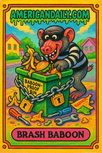 A mischievous baboon in a striped outfit outsmarts a 'baboon-proof' bin, overflowing with trash, using tools. Cartoonish and exaggerated style.