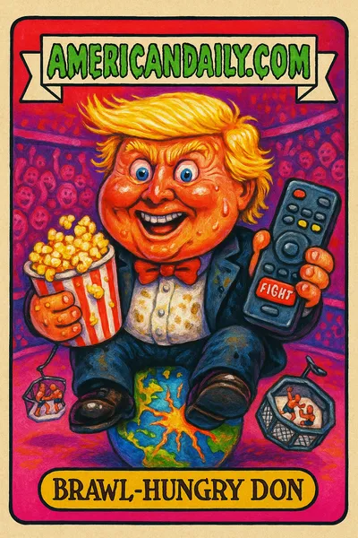 A grotesque cartoon depiction of Trump joyfully holding popcorn, remote in hand, feet on shaking globe with U.F.C. fighters below.