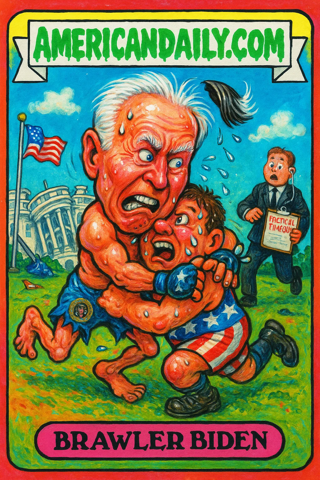 Image of a card titled 'Brawler Biden', depicting a grotesque caricature of Joe Biden in a chaotic UFC fight on the White House lawn, surrounded by absurd props.