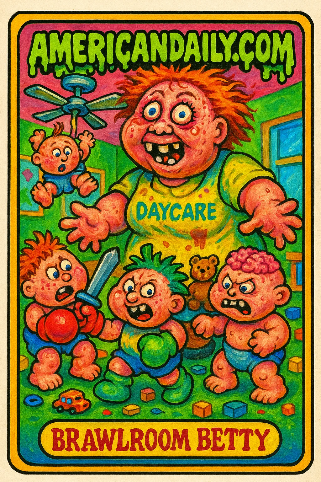 A chaotic daycare scene with an oversized teacher orchestrating a toddler fight club, neon colors, exaggerated cartoon features in a grossly humorous style.