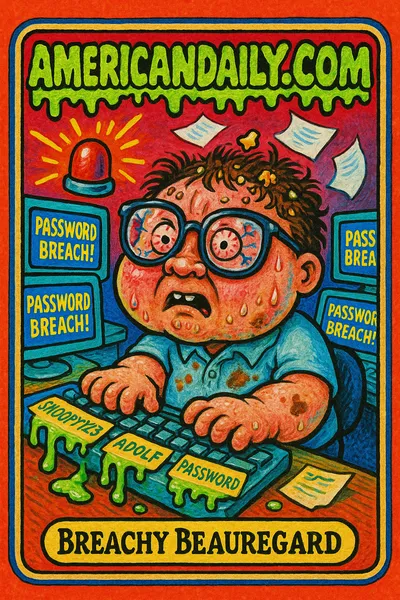 A grotesque IT worker with outlandish features reveals government passwords like 'SNOOPY123'. The scene is chaotic with broken tech and blaring alarms.