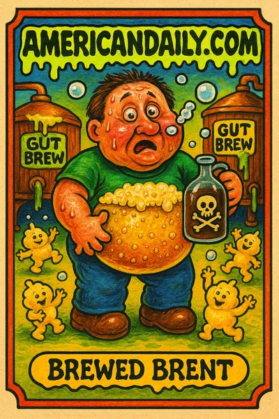 A grotesque trading card of Brewed Brent, a man with a bloated beer belly producing alcohol. His eyes glazed, surrounded by comedic brewery elements.