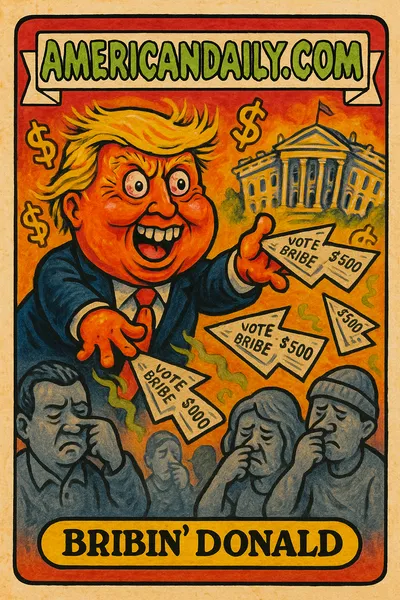 A grotesque caricature of Donald Trump throws $5,000 checks at disinterested voters with a warped White House in the background.