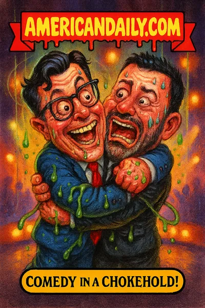 Colbert and Kimmel hugging together, network executives silhouettes above, protest signs 'Free Speech!', banner AMERICANDAILY.COM, caption United by Laughs, Bound by Fear!