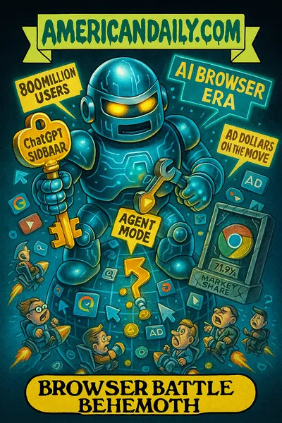 A parody trading card showing a giant robot "Browser Battle Behemoth" holding a golden "ChatGPT Sidebar" key and flipping "Agent Mode," standing on a globe of browser tabs while a cracked Chrome trophy shelves behind. Top banner: "AMERICANDAILY.COM."