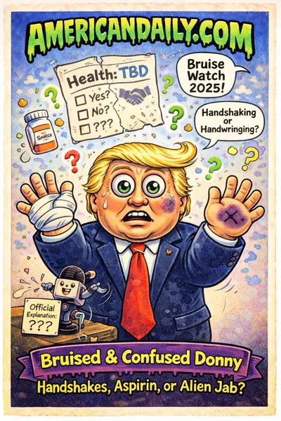 Cartoon President Trump with exaggerated eyes and bruised hands in a satirical trading card style, hinting at health speculation.