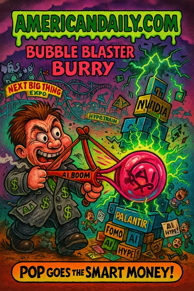 Grotesque cartoon trading card showing investor "Bubble Blaster Burry" firing a giant pink bubble bomb at a crumbling tower made of Nvidia chips and Palantir cubes, lightning strikes, panicked investors flee, carnival background, dripping slime banner reading AMERICANDAILY.COM, bottom caption "Pop Goes the Smart Money!"